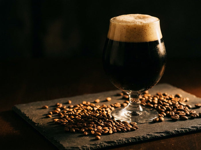 Verre de stout noire à col beige et grains d'orge torréfiés