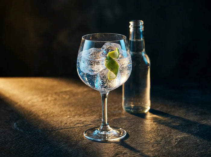 Verre de tonic pétillant, glace et citron vert