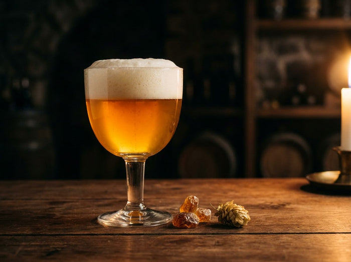 Verre à pied rempli d'une triple belge dorée, sucre candi et fleur de houblon