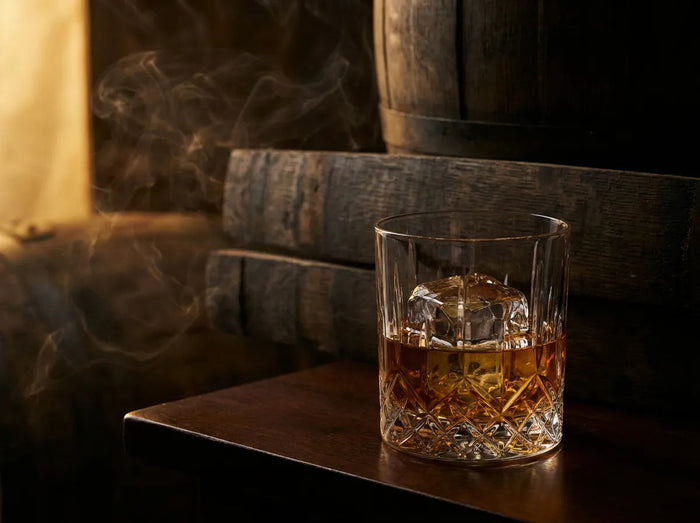 Verre de whisky ambré, douelles de chêne et fumée