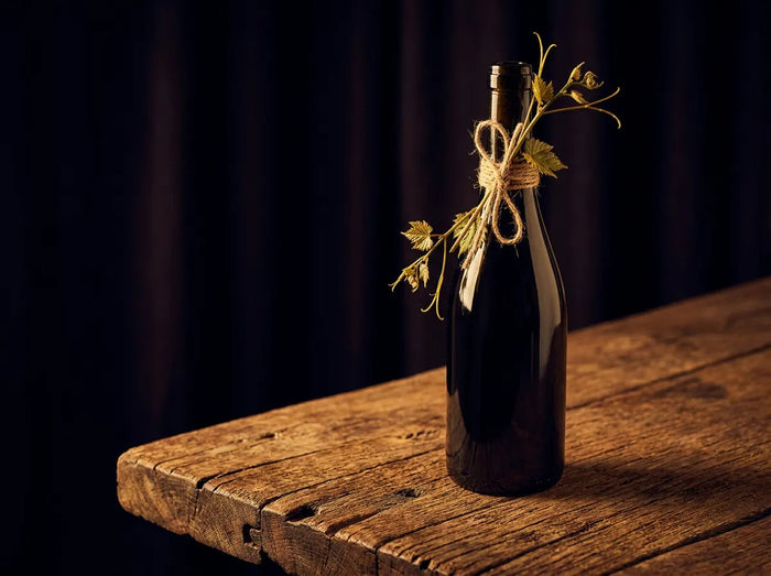 Bouteille de vin bio au brin de vigne noué de ficelle