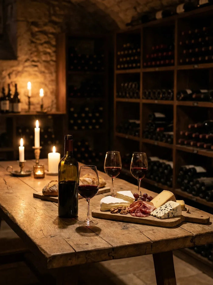 Table de dégustation aux chandelles dans la cave : vin, fromages et charcuterie