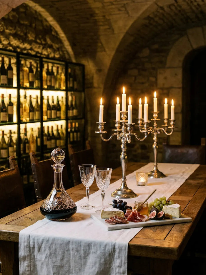 Table de dégustation au château : carafe en cristal, chandelier d'argent, lin blanc, cave voûtée