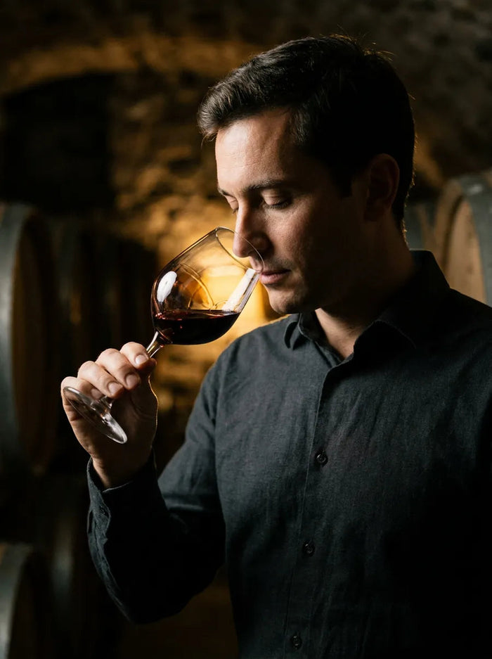 Caviste sentant un verre de vin rouge dans la cave voûtée