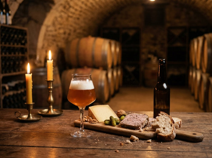 Accords mets et bières : verre de bière ambrée, planche de pâté, fromage et pain sur une table de cave aux chandelles