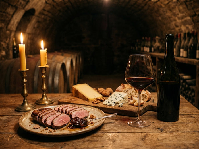 Accords mets et vins : magret tranché, fromages, pain et verre de vin rouge sur une table de cave aux chandelles