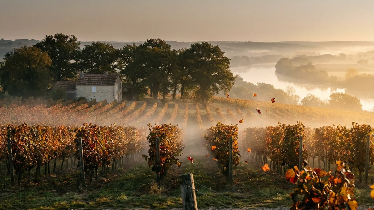 Vignes aux couleurs d'automne dans la brume dorée du matin au-dessus de la vallée de la Dordogne, ferme en pierre au loin