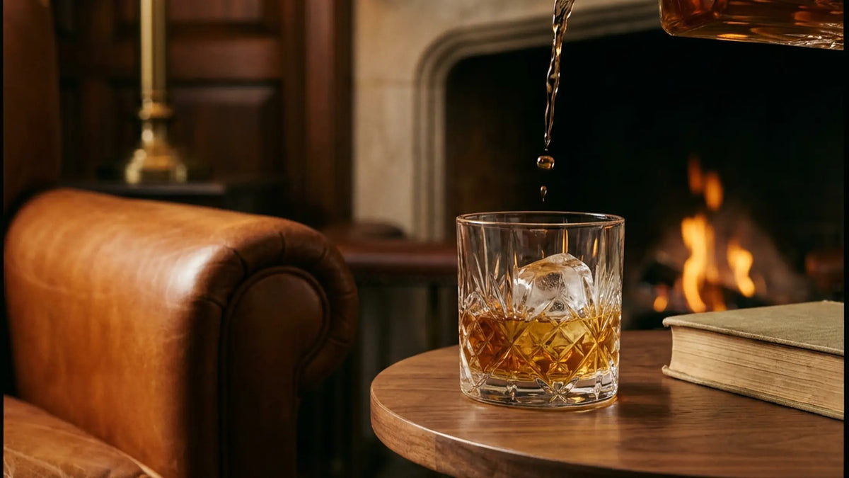 Whisky versé dans un verre en cristal taillé posé sur une table de noyer, fauteuil club en cuir et cheminée allumée en fond