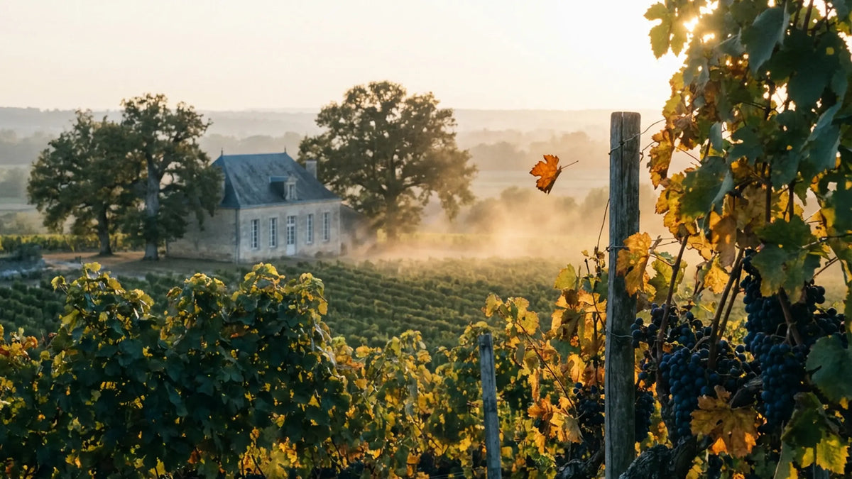 Vignes de Bordeaux aux vendanges, grappes de merlot au premier plan, chartreuse girondine en pierre et vallée de la Dordogne dans la brume dorée