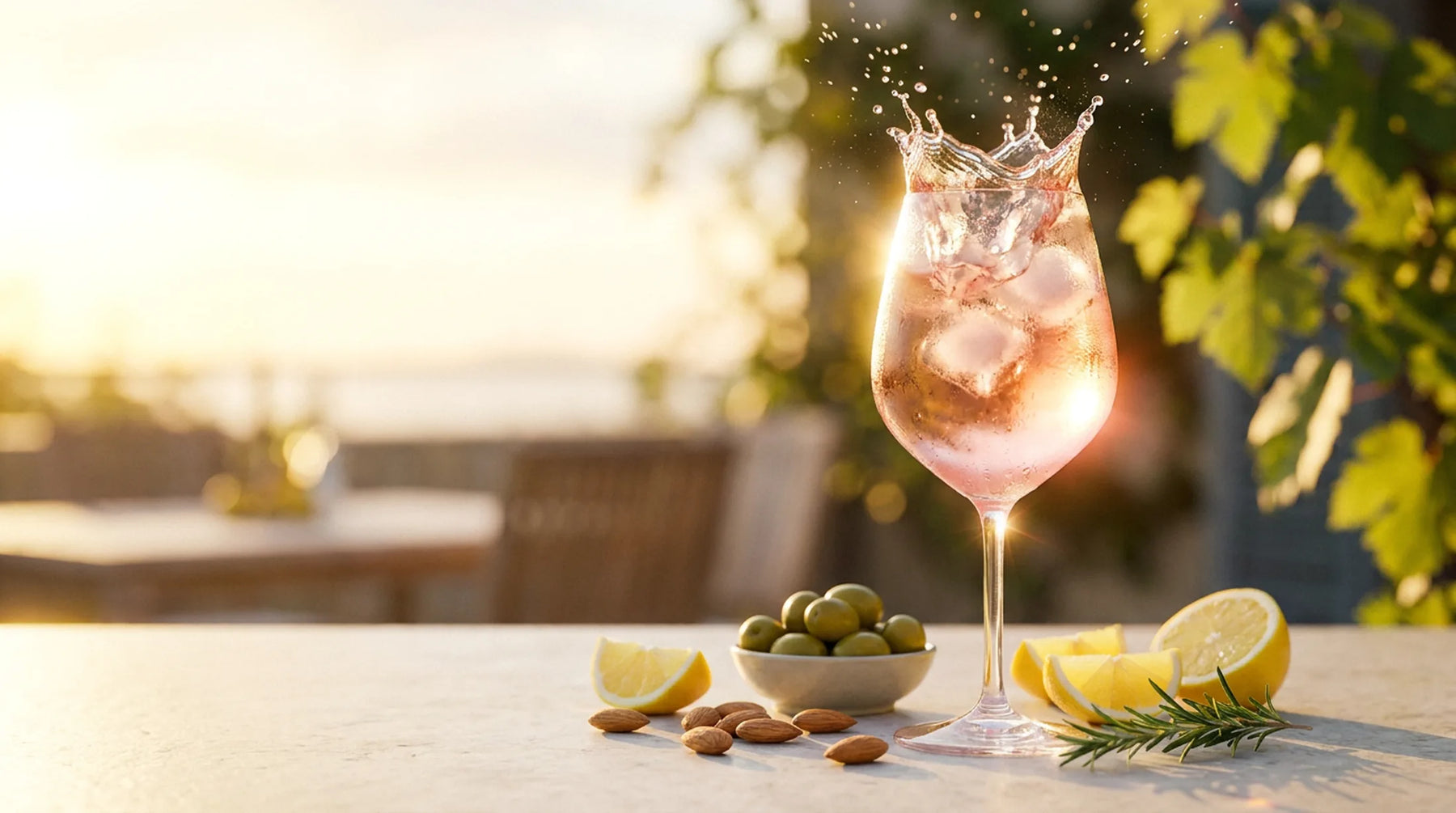 Verre de vin rosé glacé à l'heure dorée, couronne d'éclaboussure figée, olives, amandes et citrons