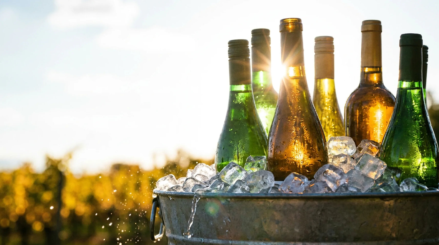 Bouteilles de vin plongées dans une bassine en zinc pleine de glaçons, à contre-jour devant les vignes
