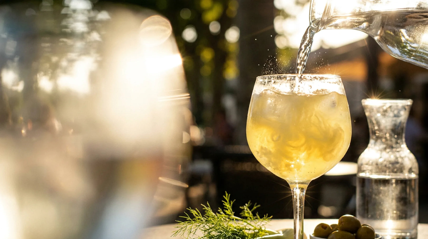 Eau versée dans un verre de pastis à contre-jour, le liquide se trouble en jaune laiteux, fenouil et olives
