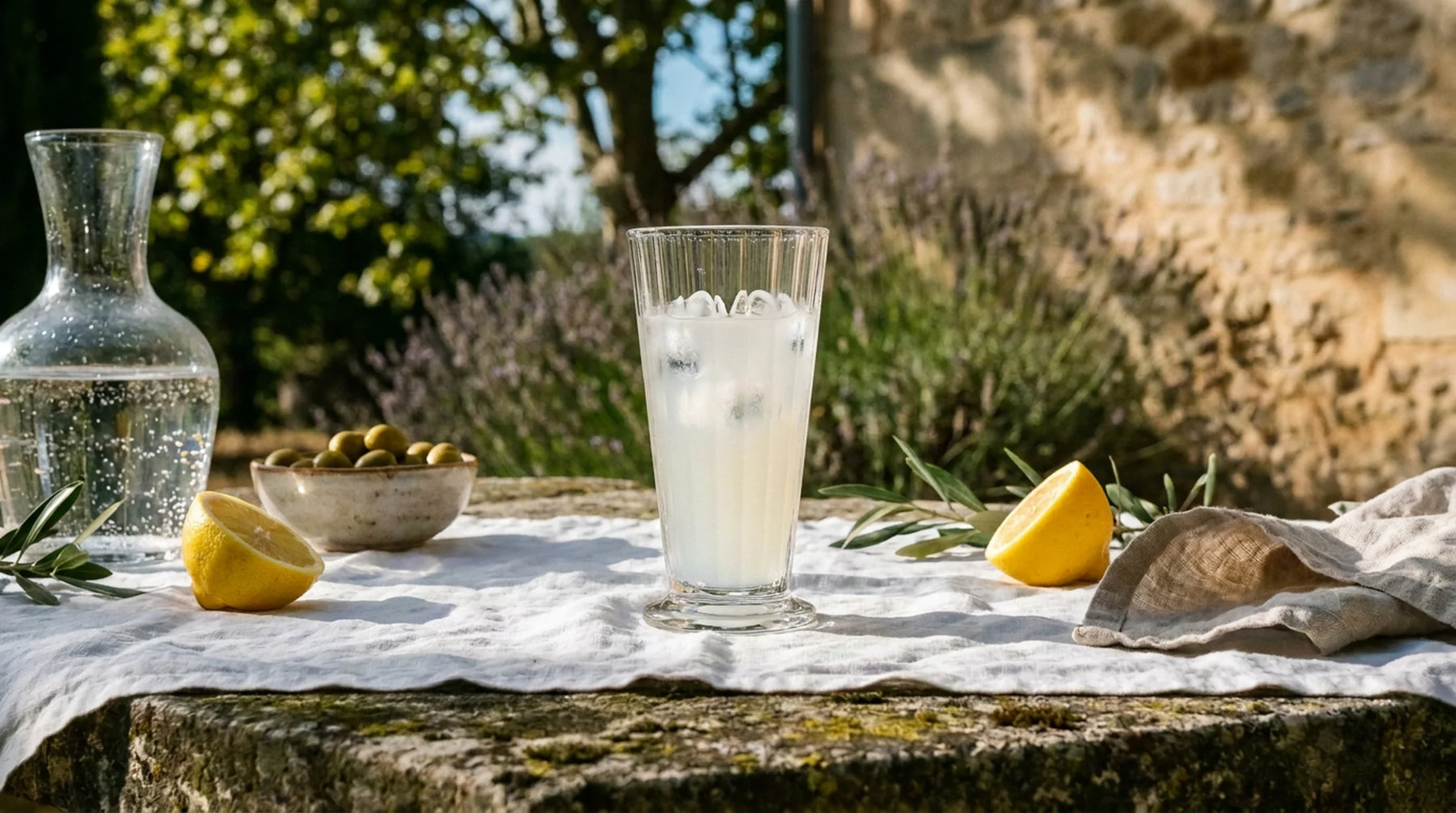 Verre à pastis côtelé et sa carafe sur une table de pierre nappée de lin, olives, citrons et lavande au soleil d'août
