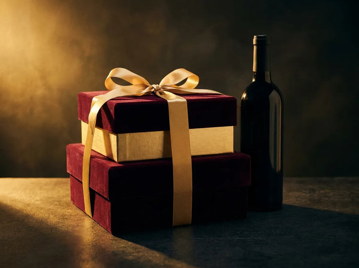 Coffrets cadeaux bordeaux et or au ruban satin près d'une bouteille