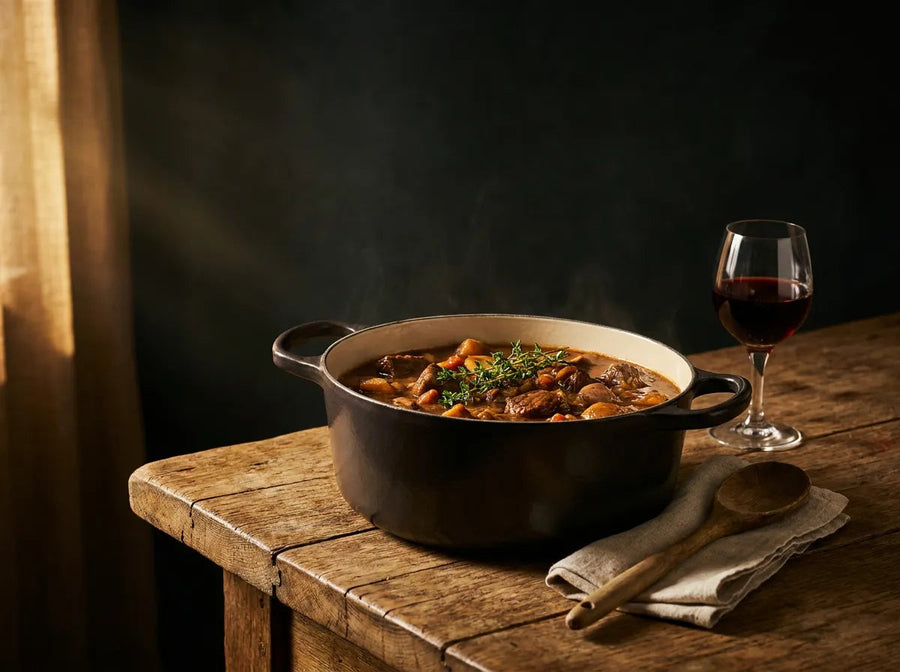 Cocotte en fonte, plat mijoté et verre de vin rouge
