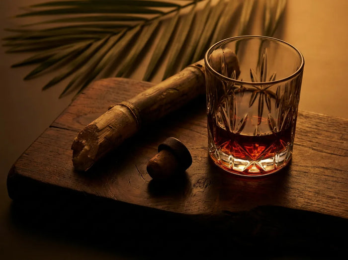 Verre de rhum ambré et canne à sucre sur bois exotique