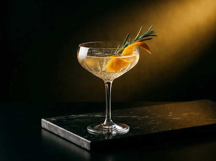 Coupe pétillante sans alcool, zeste d'orange et romarin