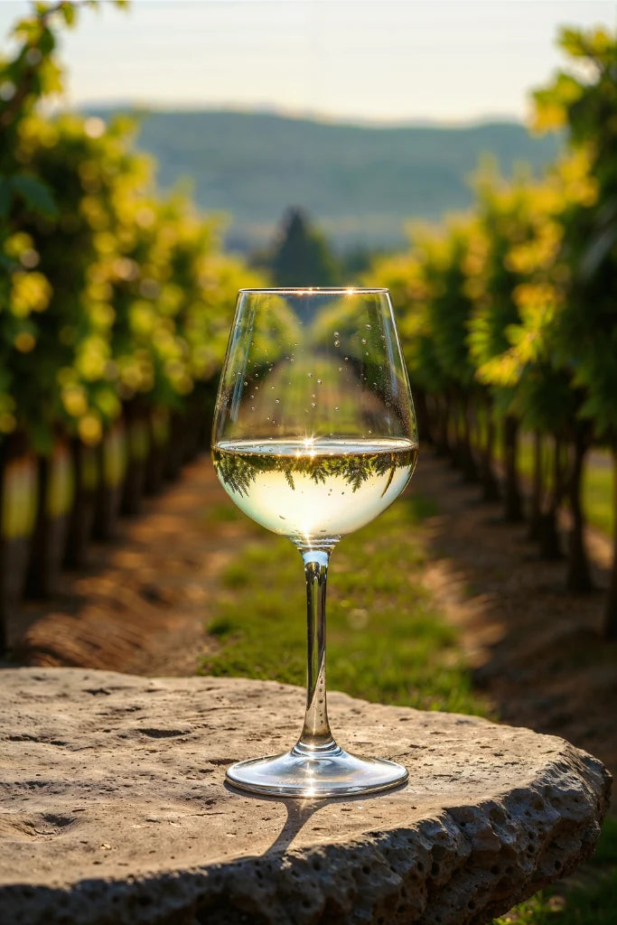 Verre de vin blanc sec dans les vignes